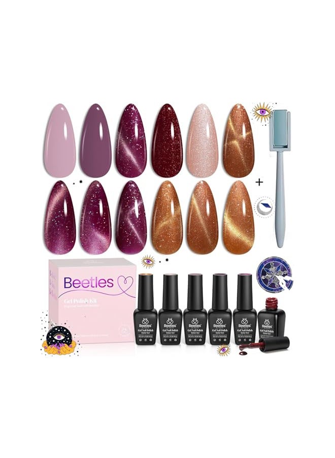 Beetles Cat Eye Gel Nail Polish Set, 6 Colors Purple Glitter Nude Sparkle Stunning Champagne Burgundy Gold lavender Magnetic Effect Fall Nail U v Gel Polish Art Design at Home Gifts for Women