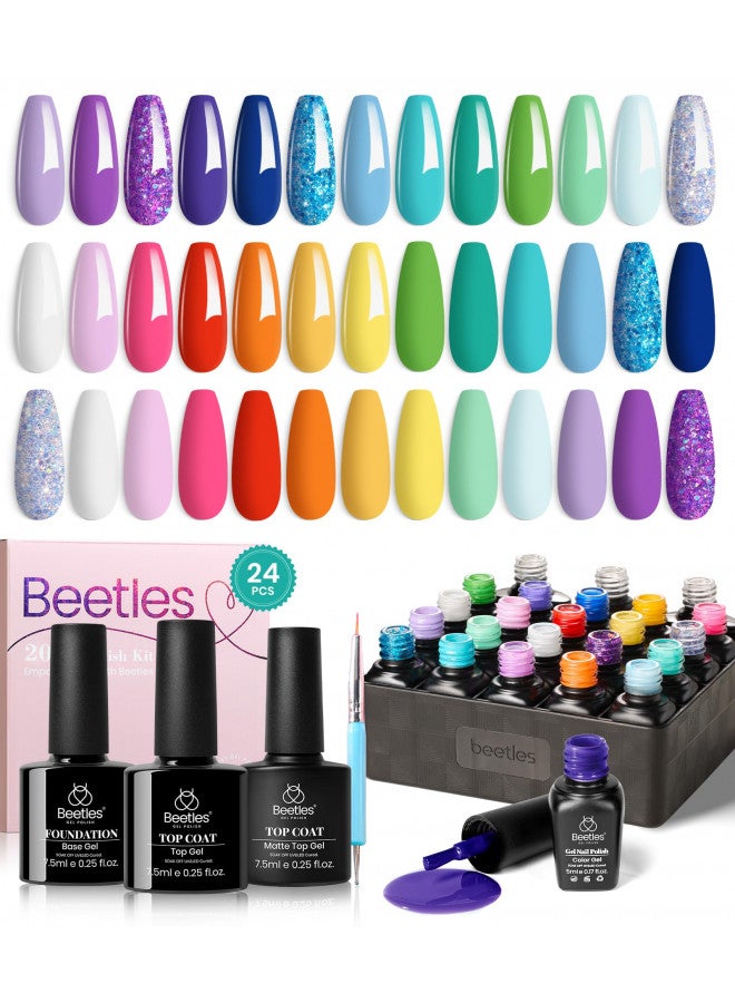 Beetles 24 Pcs Summer Rainbow Gel Nail Polish Set, Unicorn Collection Neon Yellow Purple Gel Nail Polish Hot Red Green Blue Gel Polish Soak off UV Glitter Gel Nail Kit with Glossy & Matte Top and Base