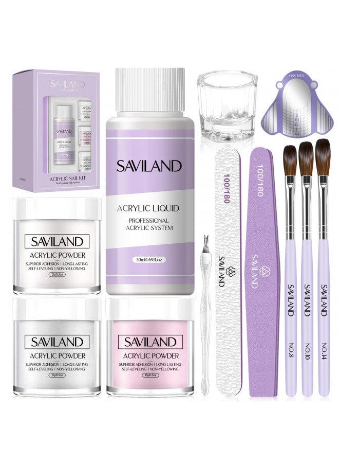 Saviland Acrylic Nail Kit: All-in-One Beginner Nail Kit 15g Clear/White/Pink Acrylic Powder and Liquid Set with Acrylic Nail Brush Nail Forms Glass Dappen Dish, Easy to Use Nails Kit Acrylic Set