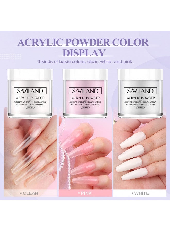 Saviland Acrylic Nail Kit: All-in-One Beginner Nail Kit 15g Clear/White/Pink Acrylic Powder and Liquid Set with Acrylic Nail Brush Nail Forms Glass Dappen Dish, Easy to Use Nails Kit Acrylic Set