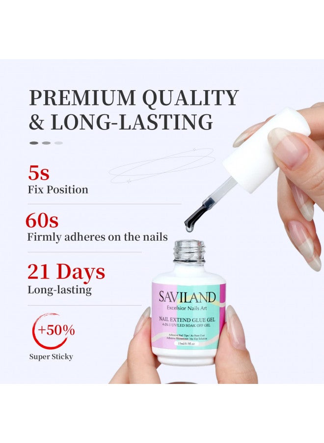 Saviland 15ML Nail Glue Gel,4 in 1 U V Nail Glue Gel for Easy and Fast Nail Extension, Strong Gel X Nail Glue for Long lasting Nail Tips DIY Nail Art(Curing Needed)