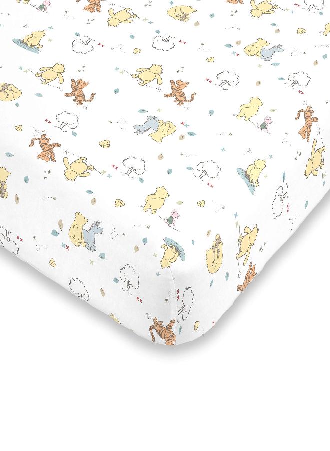 Disney Winnie The Pooh Classic Pooh 100% Cotton Fitted Mini Crib Sheet, Ivory, Butter, Aqua, Orange , 38x24x6 Inch (Pack of 1)