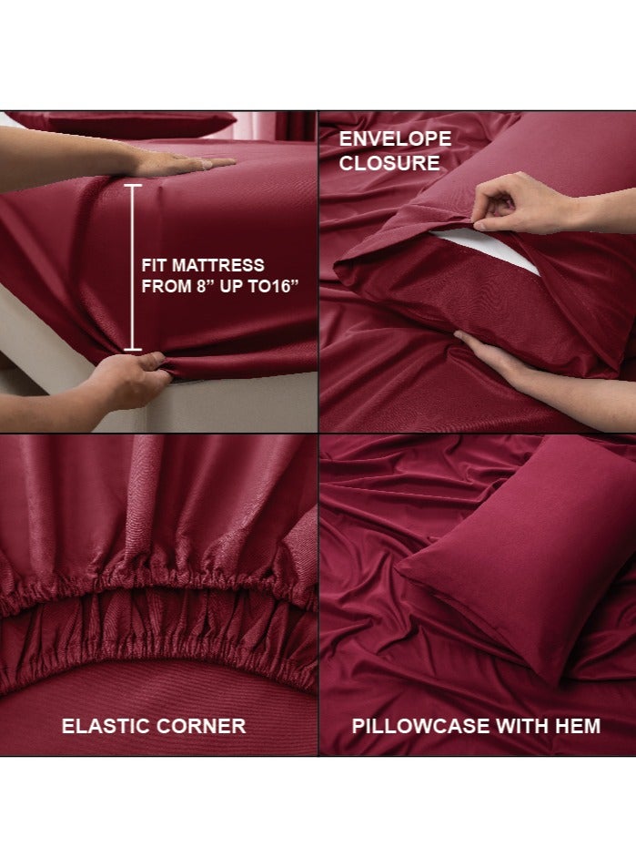 Panax Bedding Single Bed Sheets Set - 3 Piece Bedding - Brushed Microfiber - Shrinkage and Fade Resistant - Easy Care (Burgandy, Single)