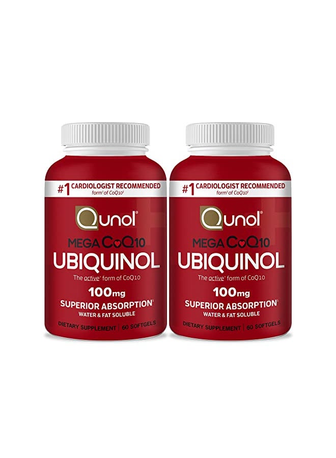 Qunol Ubiquinol Coq10 100Mg Softgels, Mega Ubiquinol 100Mg   Superior Absorption   Active Form ofCoenzyme Q10 For Heart Health   4 Month Supply   60 Count (Pack of2)