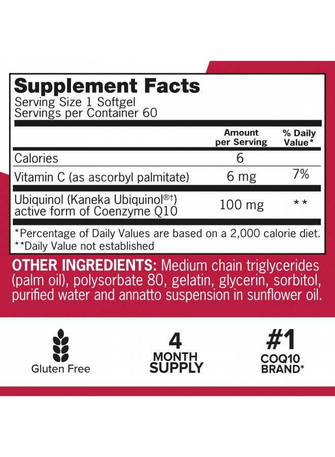 Qunol Ubiquinol Coq10 100Mg Softgels, Mega Ubiquinol 100Mg   Superior Absorption   Active Form ofCoenzyme Q10 For Heart Health   4 Month Supply   60 Count (Pack of2)