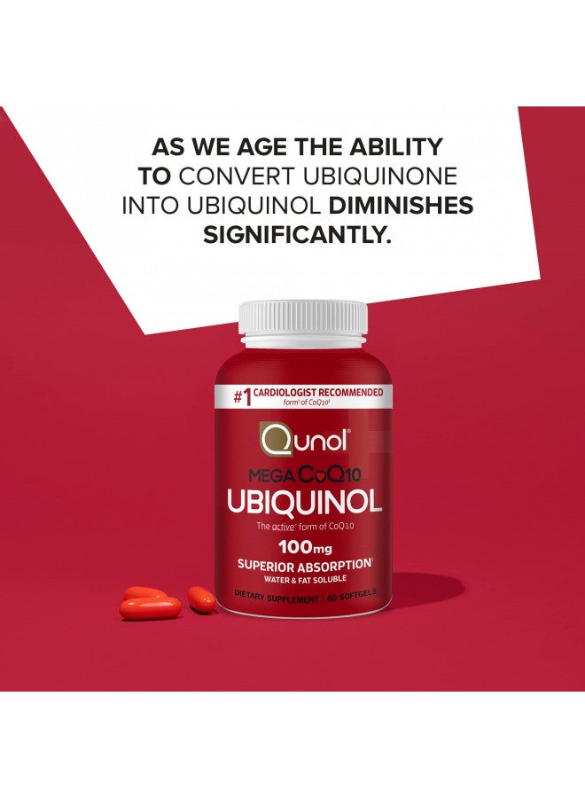 Qunol Ubiquinol Coq10 100Mg Softgels, Mega Ubiquinol 100Mg   Superior Absorption   Active Form ofCoenzyme Q10 For Heart Health   4 Month Supply   60 Count (Pack of2)