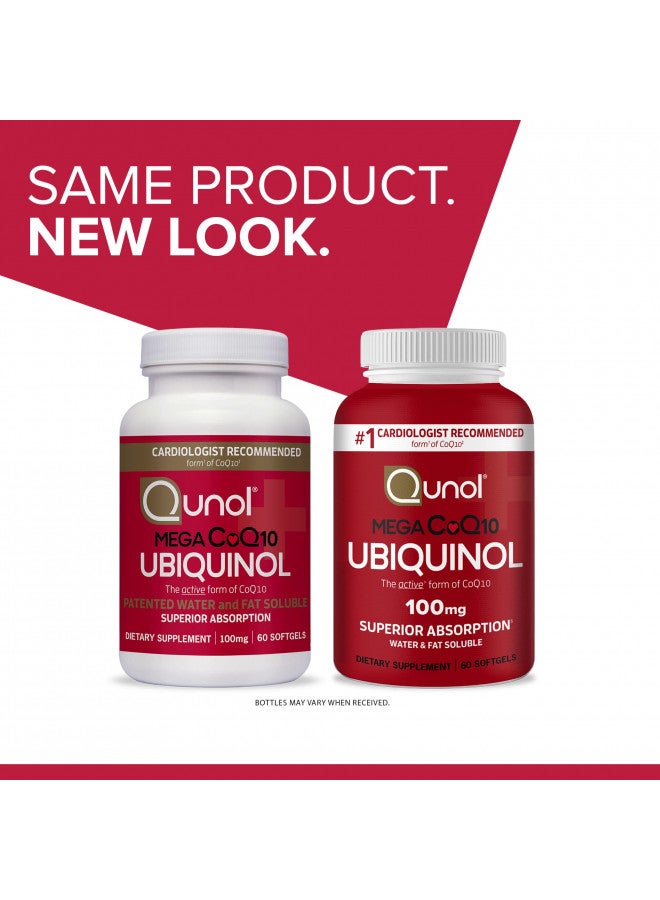 Qunol Ubiquinol Coq10 100Mg Softgels, Mega Ubiquinol 100Mg   Superior Absorption   Active Form ofCoenzyme Q10 For Heart Health   4 Month Supply   60 Count (Pack of2)