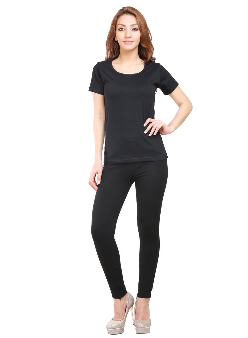Regular Fit Solid Cotton Half Sleeves Round Neck Women's T-Shirt Black