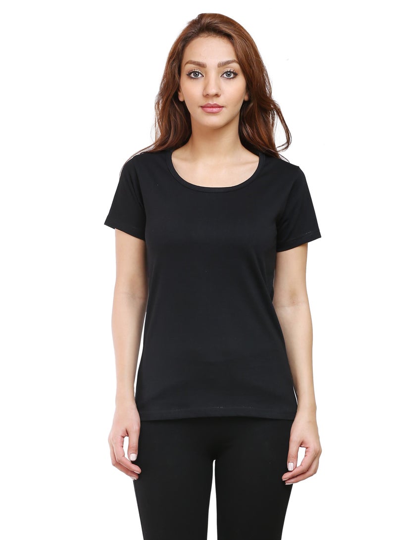 Regular Fit Solid Cotton Half Sleeves Round Neck Women's T-Shirt Black