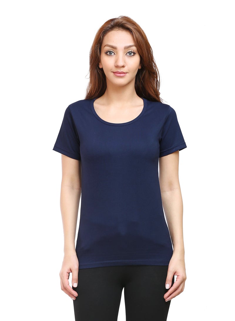 Regular Fit Solid Cotton Half Sleeves Round Neck Women's T-Shirt Navy Blue