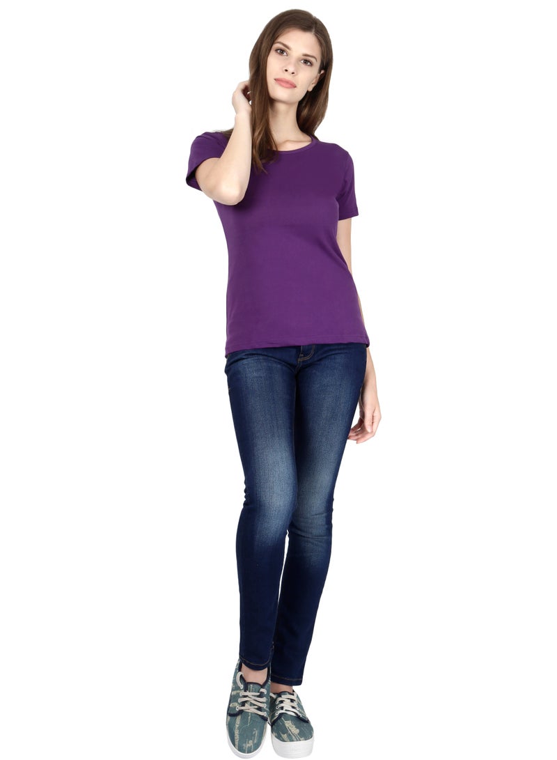 Regular Fit Solid Cotton Half Sleeves Round Neck Women's T-Shirt Purple