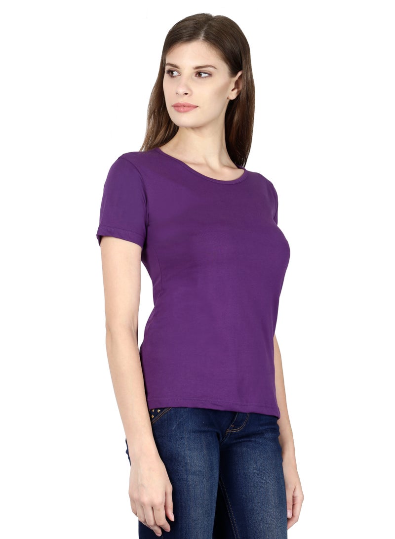 Regular Fit Solid Cotton Half Sleeves Round Neck Women's T-Shirt Purple