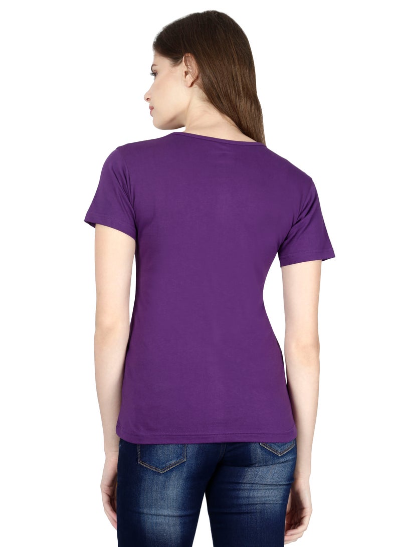 Regular Fit Solid Cotton Half Sleeves Round Neck Women's T-Shirt Purple