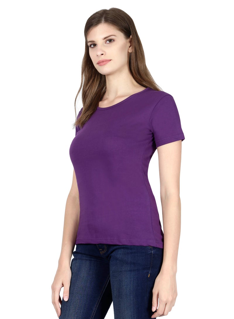 Regular Fit Solid Cotton Half Sleeves Round Neck Women's T-Shirt Purple