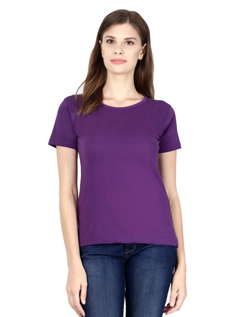 Regular Fit Solid Cotton Half Sleeves Round Neck Women's T-Shirt Purple