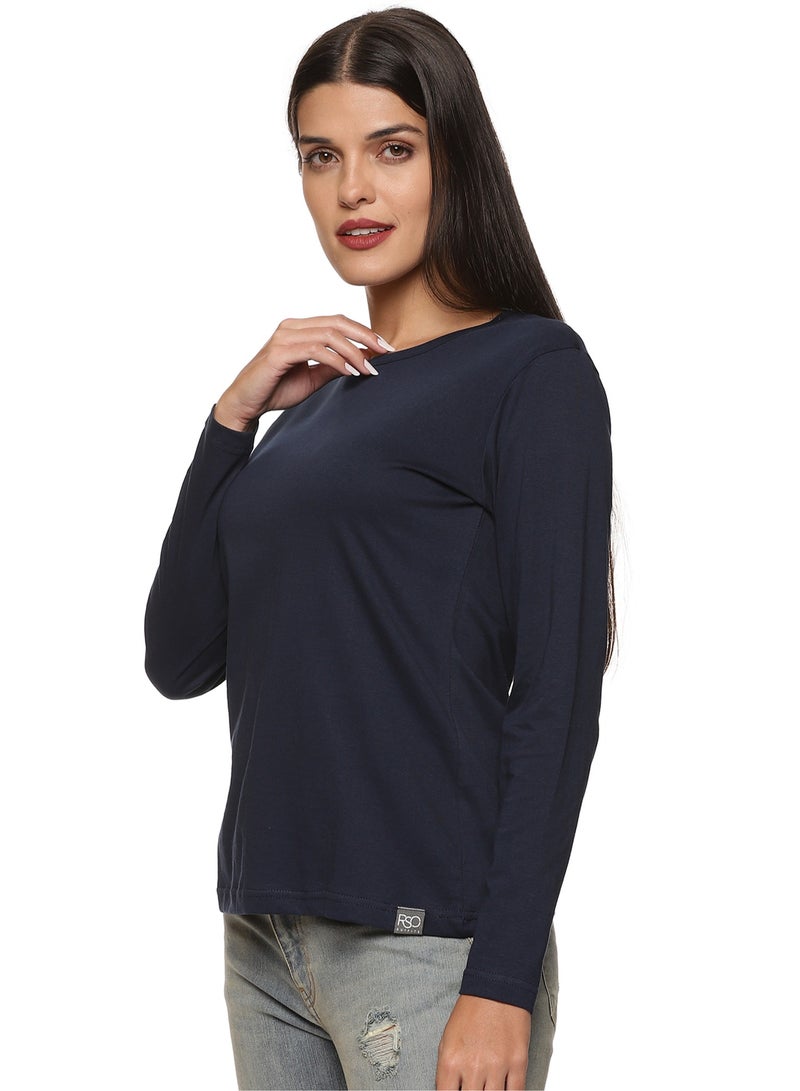Regular Fit Solid Cotton Full Sleeves Round Neck Women's T-Shirt Navy Blue