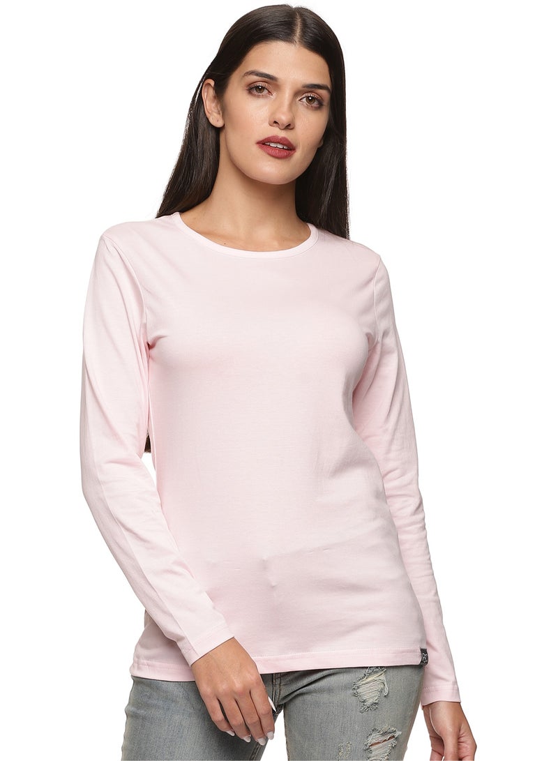 Regular Fit Solid Cotton Full Sleeves Round Neck Women's T-Shirt Light Pink