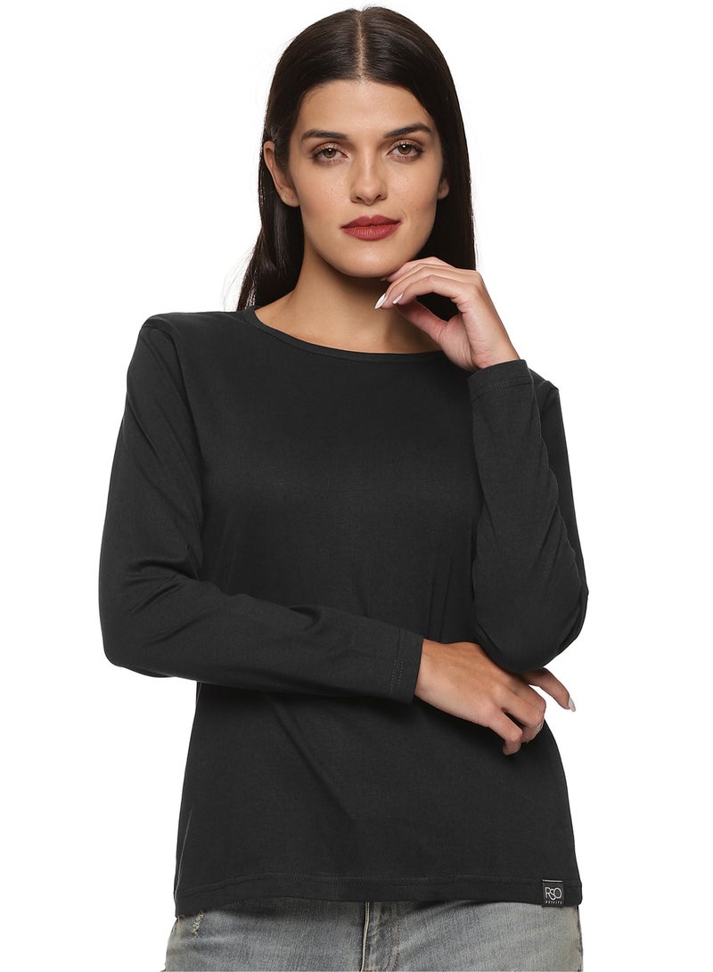 Regular Fit Solid Cotton Full Sleeves Round Neck Women's T-Shirt Black