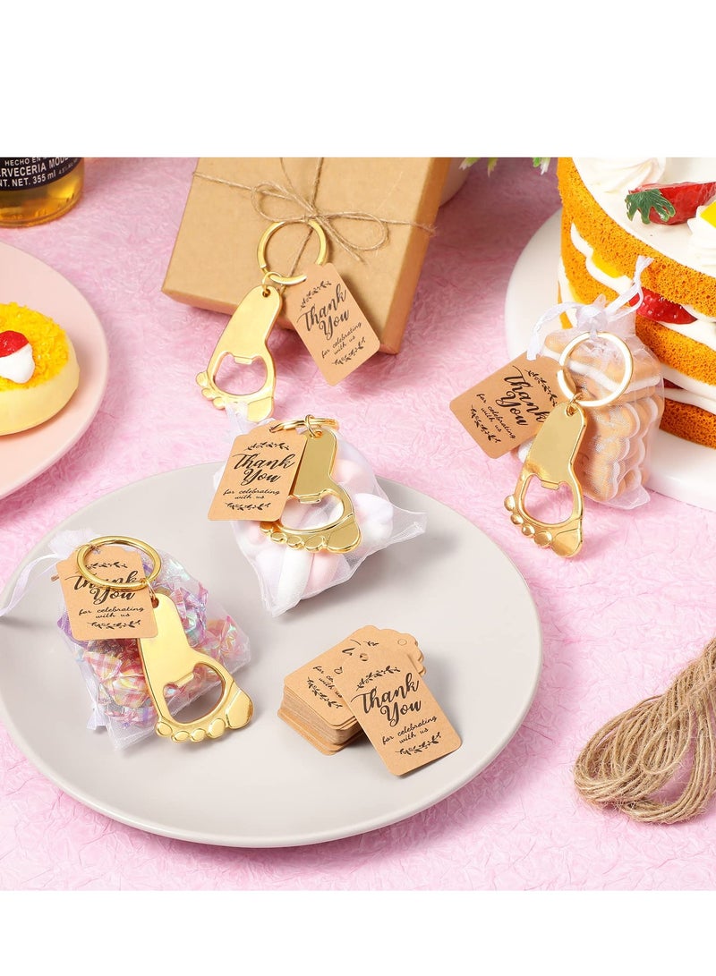 20 Gold Footprint Keychain Bottle Openers for Baby Shower Favors - Guest Souvenirs with Organza Bags, Tags, and Rope Decorations. Perfect for Celebrations and Keepsakes!