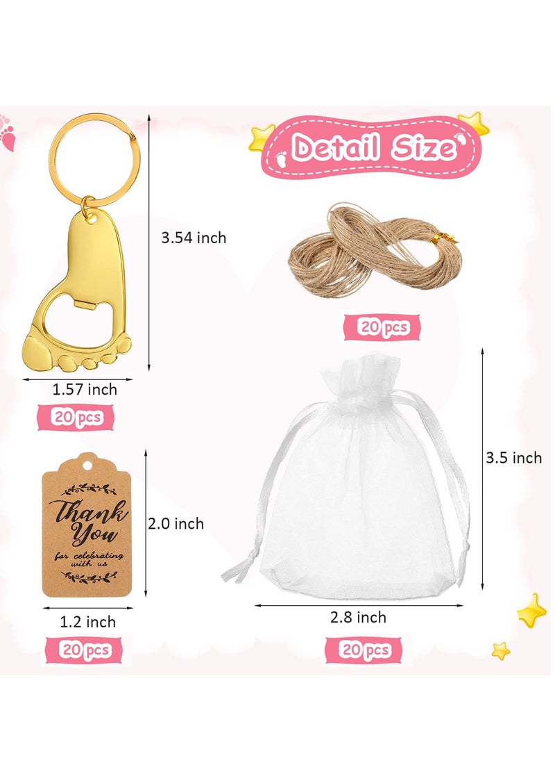 20 Gold Footprint Keychain Bottle Openers for Baby Shower Favors - Guest Souvenirs with Organza Bags, Tags, and Rope Decorations. Perfect for Celebrations and Keepsakes!