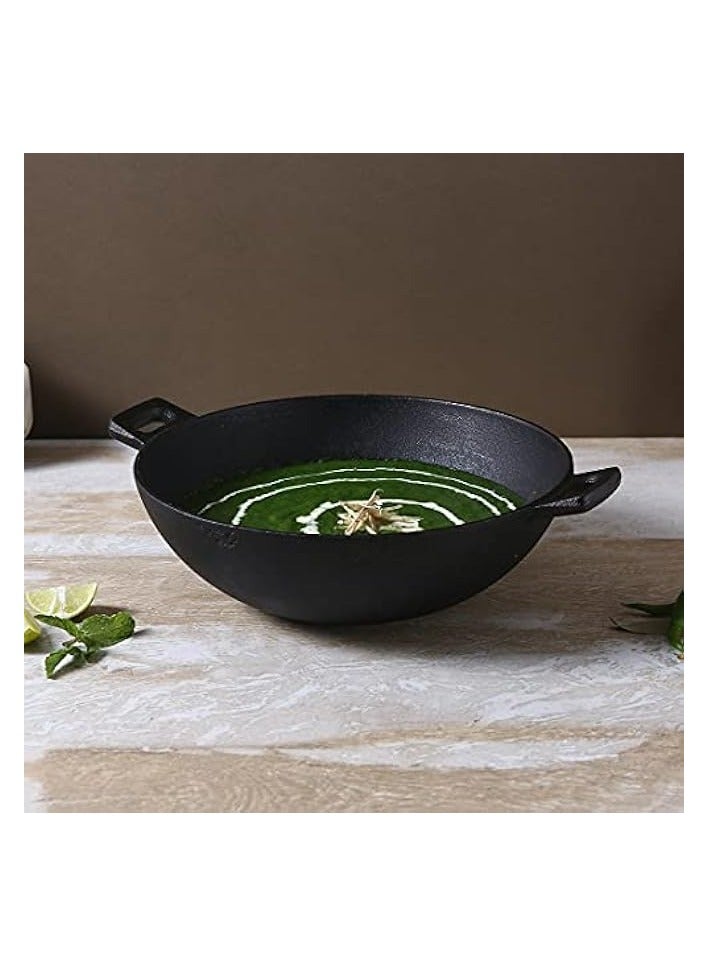 24 cm Cast-Iron Kadhai, Pre-Seasoned Cookware, Induction Friendly, 1.9L, 3.8mm