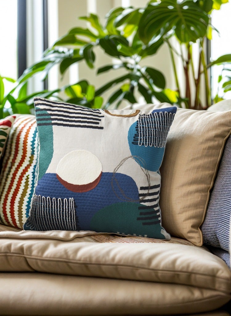 Blue Cushion | Modern | Abstract Nordic Style | Fully Embroidered  Throw Pillow Cover on 100% Linen Ground With Woven Velvet Back Fabric | Suitable For Both Sides | Perfect for  luxury Bedrooms Livingrooms Patios Rooftops Indoor Gardens and Sofa Throw | 50cm x 50cm | 19 inch x 19 inch