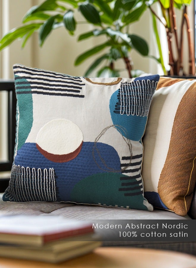 Blue Cushion | Modern | Abstract Nordic Style | Fully Embroidered  Throw Pillow Cover on 100% Linen Ground With Woven Velvet Back Fabric | Suitable For Both Sides | Perfect for  luxury Bedrooms Livingrooms Patios Rooftops Indoor Gardens and Sofa Throw | 50cm x 50cm | 19 inch x 19 inch