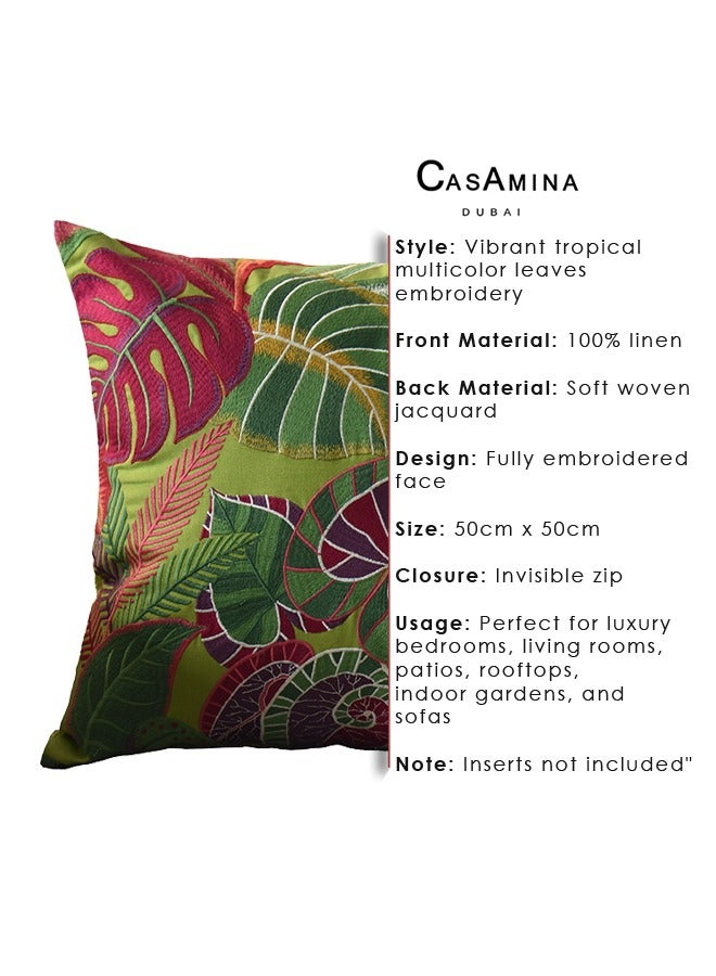 Vibrant | Tropical| Bohemian| Multicolor Leaves| Fully Embroidered Cushion Cover on 100% linen base| Perfect for Luxury Bedrooms  Livingrooms Patios Rooftops Indoor Gardens and Sofa or Armchair | 50cm x 50cm| Invisible Zip|Fully Embroidered Face| Soft Woven Jacquard Back