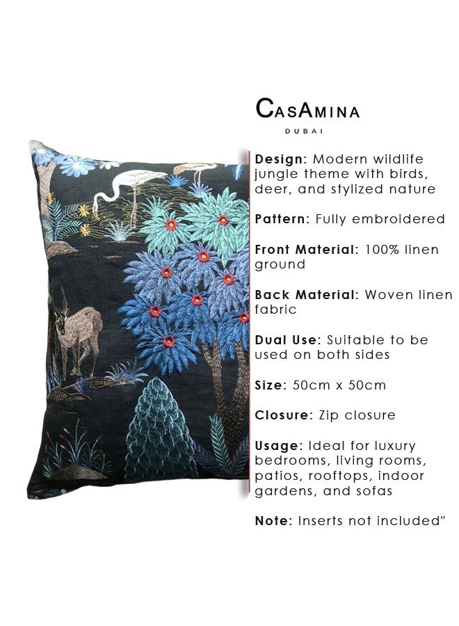 Flora Fauna Cushion Cover with Birds Deers & Stylized Nature| Fully Embroidered  Throw Pillow Cover| 100% Linen Ground with Woven Linen Back Fabric| Suitable To Be Used Both Sides for Luxury Bedrooms  Livingrooms Patios Rooftops Indoor Gardens Sofas| 60cm x 60cm| Zip closure