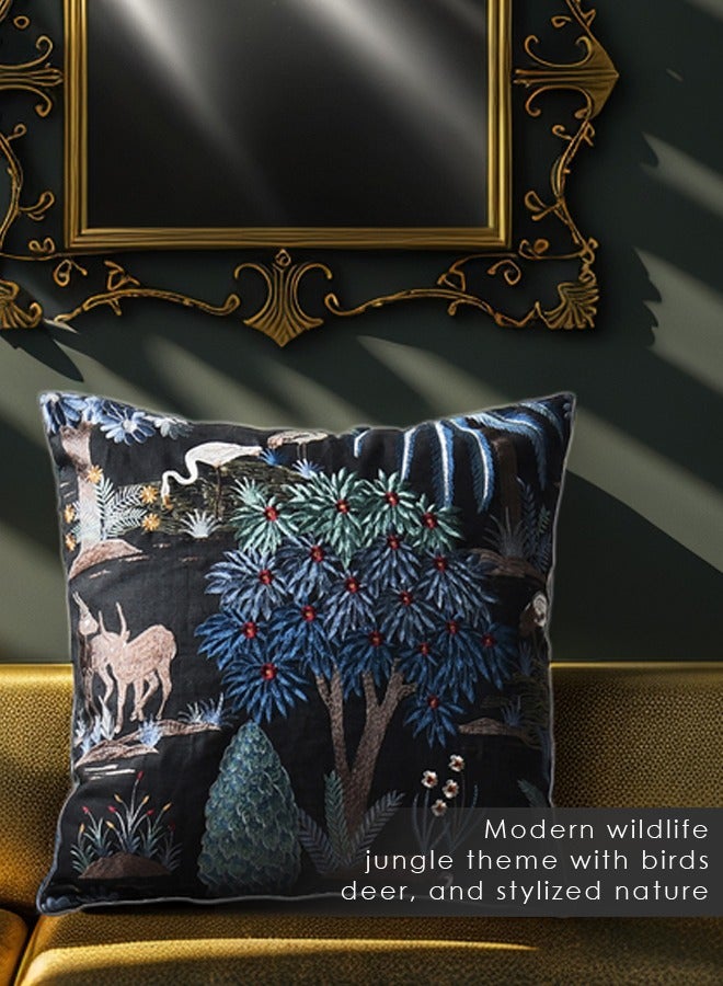 Flora Fauna Cushion Cover with Birds Deers & Stylized Nature| Fully Embroidered  Throw Pillow Cover| 100% Linen Ground with Woven Linen Back Fabric| Suitable To Be Used Both Sides for Luxury Bedrooms  Livingrooms Patios Rooftops Indoor Gardens Sofas| 60cm x 60cm| Zip closure