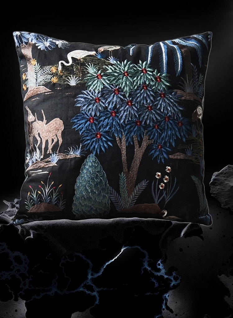 Flora Fauna Cushion Cover with Birds Deers & Stylized Nature| Fully Embroidered  Throw Pillow Cover| 100% Linen Ground with Woven Linen Back Fabric| Suitable To Be Used Both Sides for Luxury Bedrooms  Livingrooms Patios Rooftops Indoor Gardens Sofas| 60cm x 60cm| Zip closure