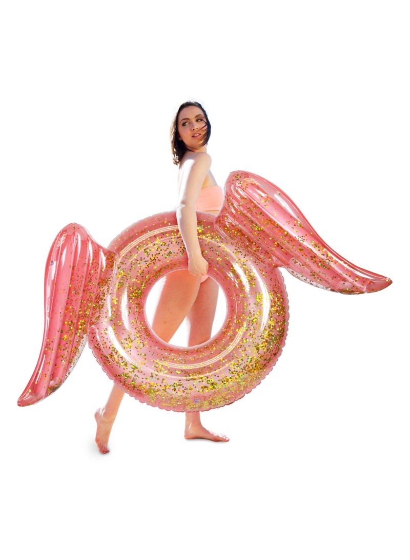 Inflatable Wings Pool Float Ring, Confetti Transparent Lounger for Summer Pool Party Fun Beach Lake - UV Resistant Vinyl Water Tube Toy - Glitter Rose Gold