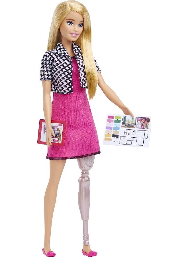 Barbie Interior Designer Doll, Blonde, Pink Dress & Houndstooth Jacket, Prosthetic Leg, Tablet & Design Sheet