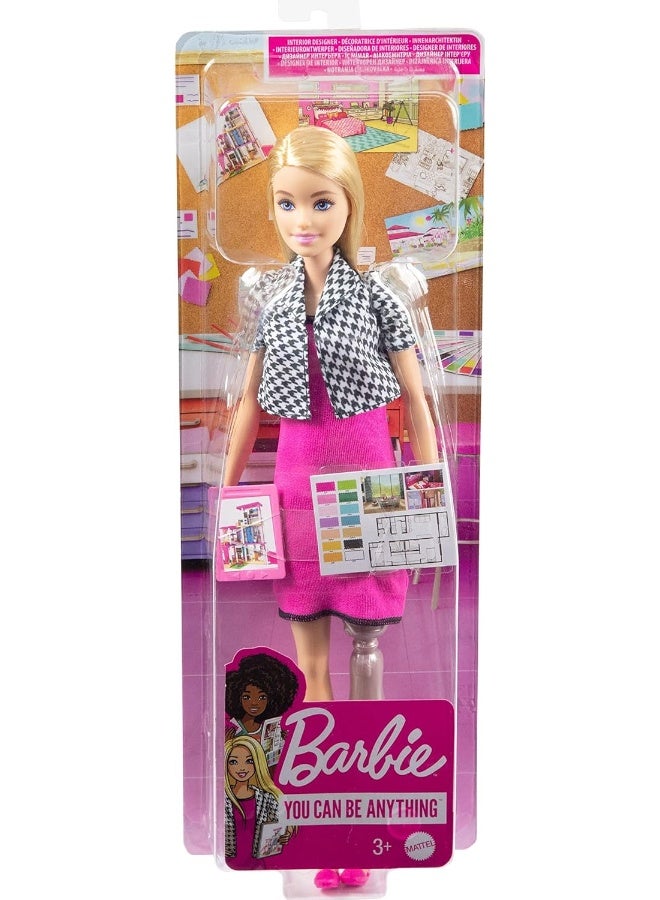 Barbie Interior Designer Doll, Blonde, Pink Dress & Houndstooth Jacket, Prosthetic Leg, Tablet & Design Sheet