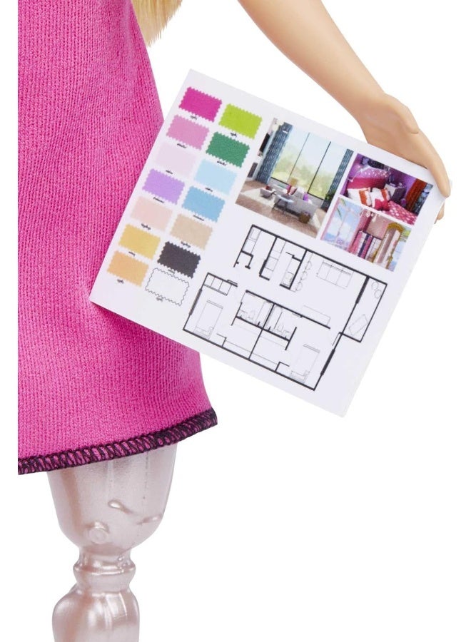 Barbie Interior Designer Doll, Blonde, Pink Dress & Houndstooth Jacket, Prosthetic Leg, Tablet & Design Sheet