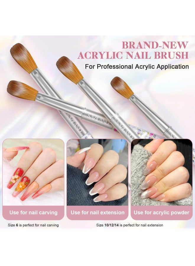 Saviland Kolinsky Acrylic Nail Brush Set - 4PCS Professional Acrylic Nail Brushes for Acrylic Application, Size 6/10/12/14 Acrylic Powder Brushes for Acrylic Nails Extension & 3D Nail Carving