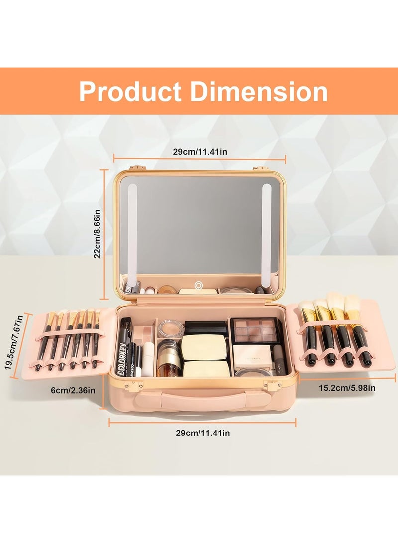 Travel Makeup Case with Lighted Mirror Rechargeable LED Makeup Mirror Travel Case with 3 Color Modes Adjustable Brightness Waterproof Cosmetic Case Portable Makeup Storage Box for Women