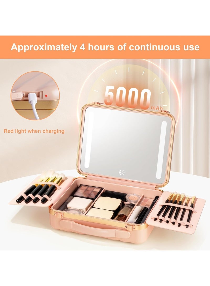 Travel Makeup Case with Lighted Mirror Rechargeable LED Makeup Mirror Travel Case with 3 Color Modes Adjustable Brightness Waterproof Cosmetic Case Portable Makeup Storage Box for Women