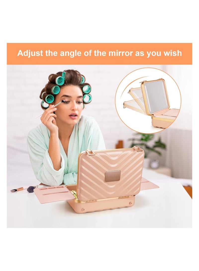 Travel Makeup Case with Lighted Mirror Rechargeable LED Makeup Mirror Travel Case with 3 Color Modes Adjustable Brightness Waterproof Cosmetic Case Portable Makeup Storage Box for Women