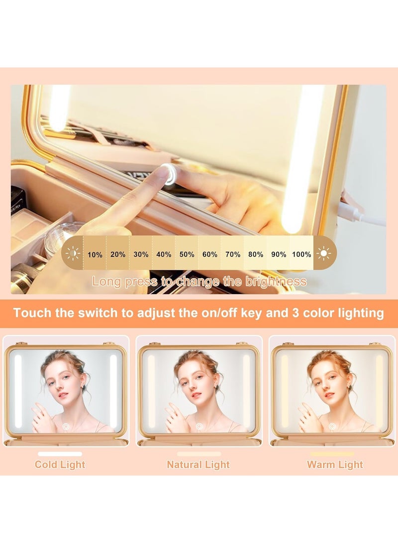 Travel Makeup Case with Lighted Mirror Rechargeable LED Makeup Mirror Travel Case with 3 Color Modes Adjustable Brightness Waterproof Cosmetic Case Portable Makeup Storage Box for Women