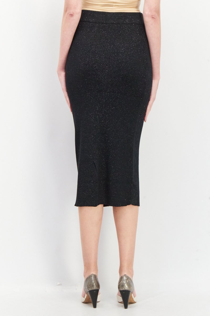 Women Metallic Knitted Midi Skirt, Black