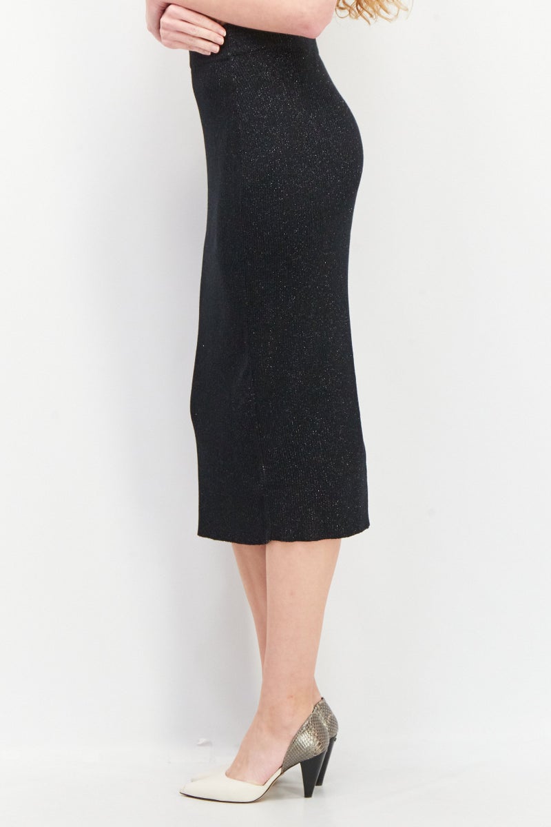 Women Metallic Knitted Midi Skirt, Black