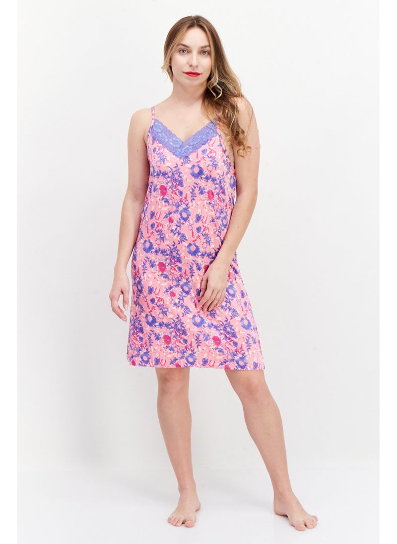 Women Floral Print Sleepwear Dress, Pink/Blue