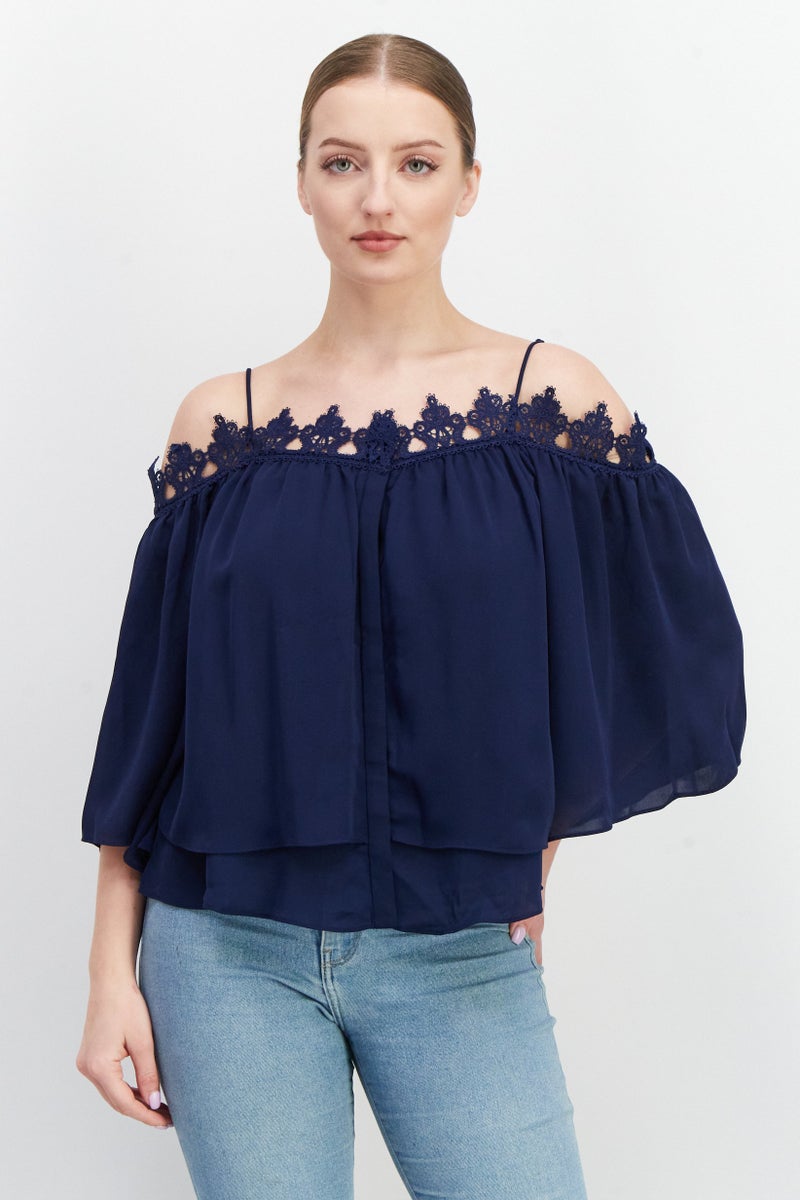 Women Square Neck Bell Sleeve Embroidered Blouse, Navy BLue