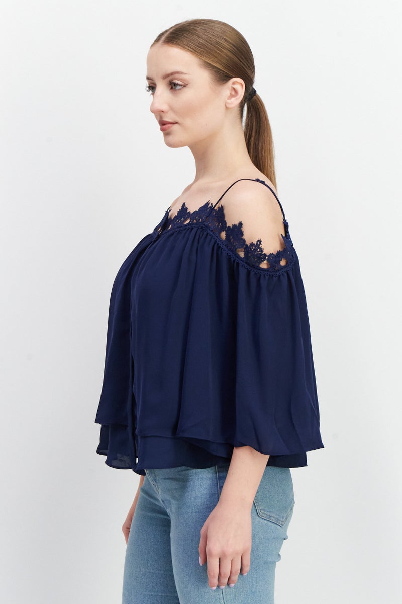 Women Square Neck Bell Sleeve Embroidered Blouse, Navy BLue