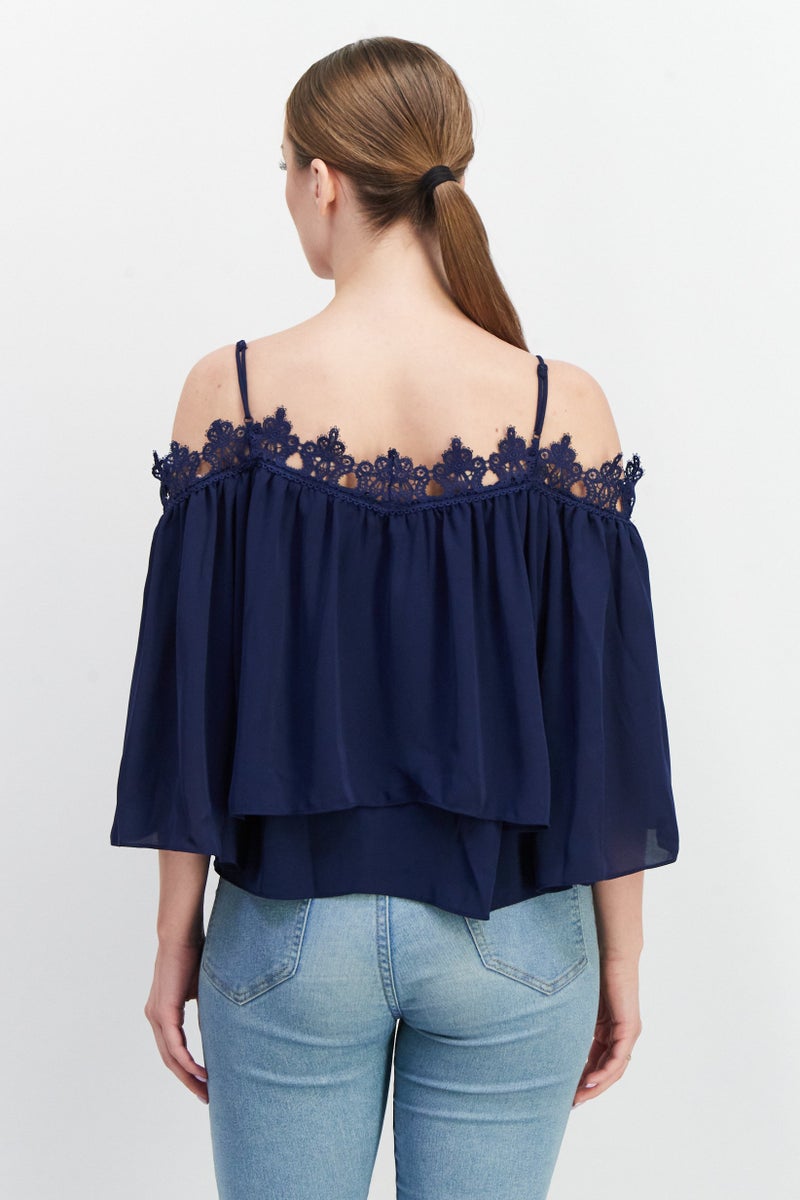 Women Square Neck Bell Sleeve Embroidered Blouse, Navy BLue