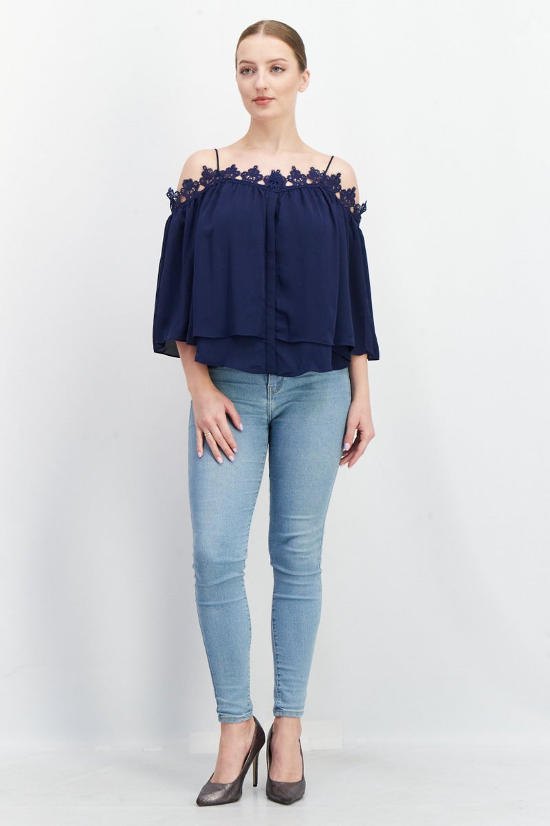 Women Square Neck Bell Sleeve Embroidered Blouse, Navy BLue