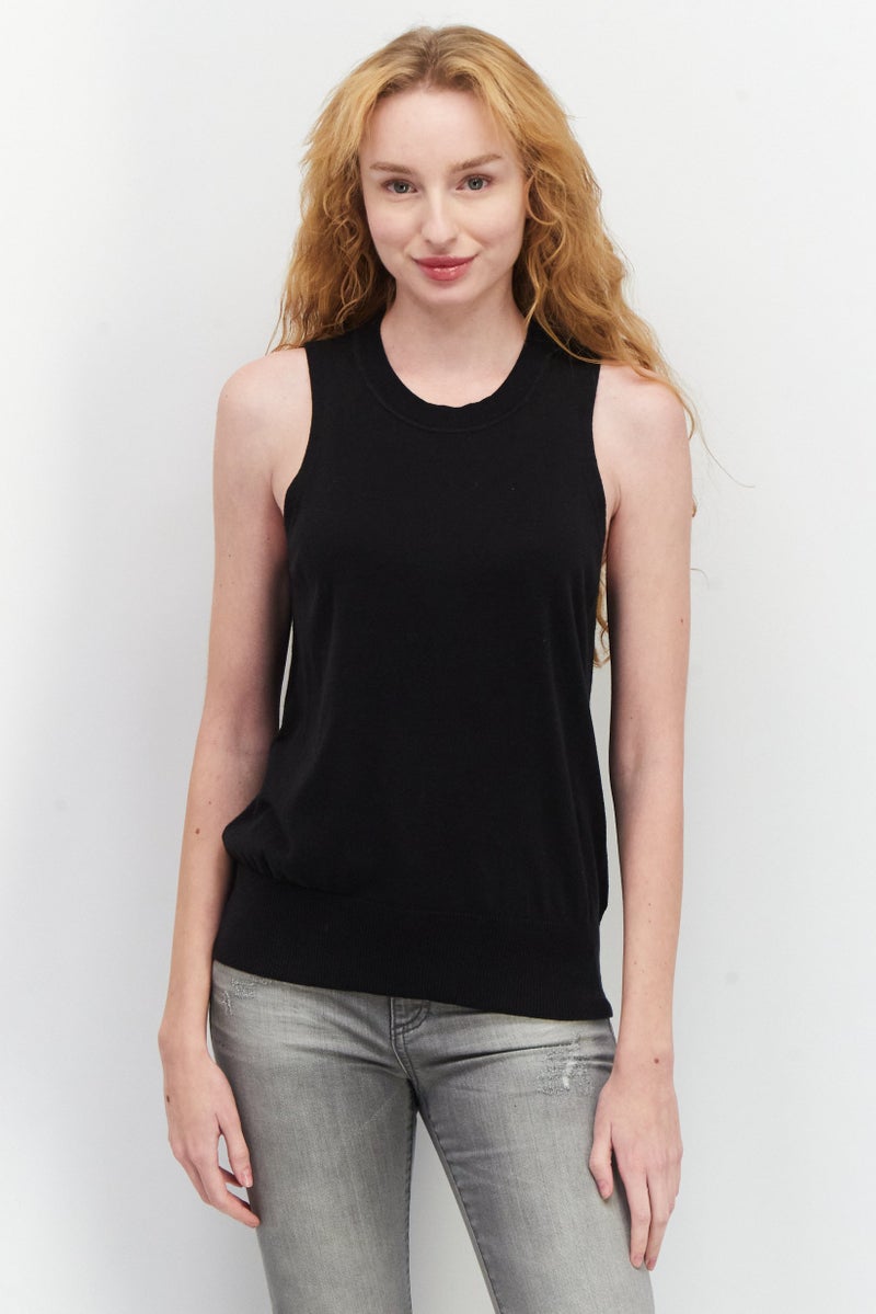 Women Crew Neck Sleeveless Solid Tank, Black