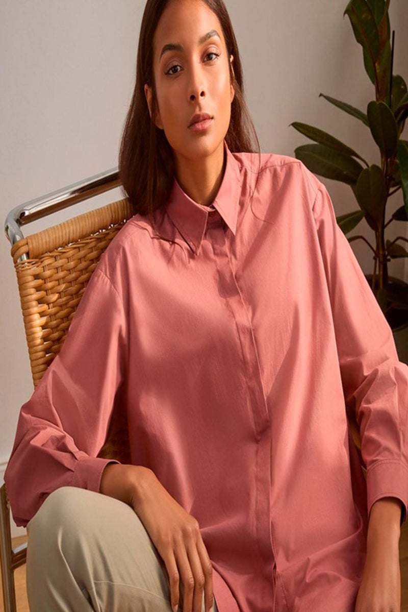 Women Spread Neck Long Sleeves Plain Poplin Shirt, Rosewood