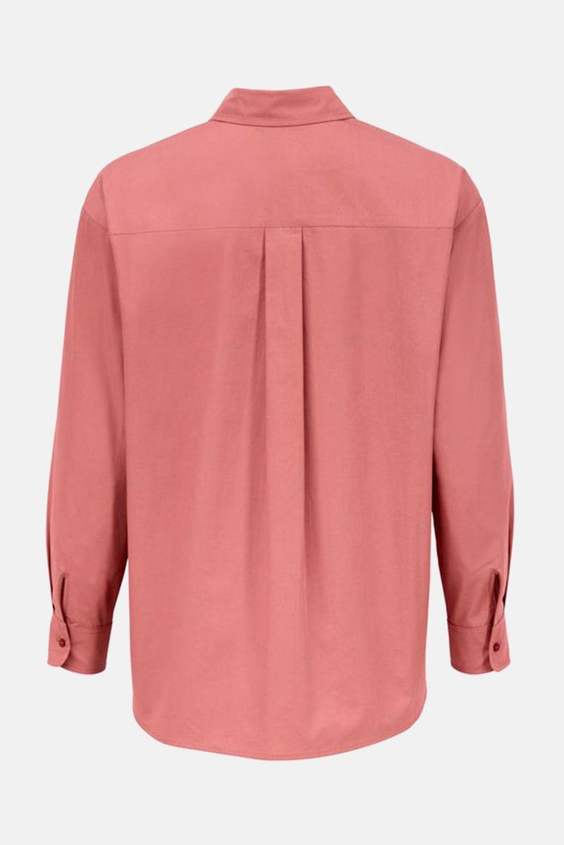 Women Spread Neck Long Sleeves Plain Poplin Shirt, Rosewood